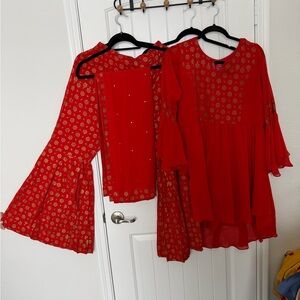 Orange Red and Gold Dress with matching Flare Pants and Dupatta